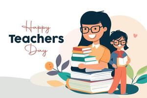 Happy teacher's day illustration. Teacher and student with lots of books. vector