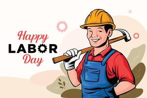 Illustration of a smiling labor with yellow hat holding a hammer, floral background. Happy labor day concept vector