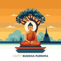 Illustration of buddha purnima. Buddha sitting under a bodhi tree Mountain temple background. Asadha purnima, buddha purnima vector