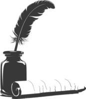 Silhouette Scroll paper and quill in inkwell black color only vector