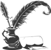 Silhouette Scroll paper and quill in inkwell black color only vector