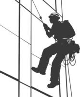 Silhouette Skyscraper window cleaner in action full body black color only vector
