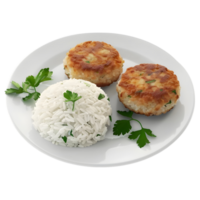 3D Rendering of a White Rice with meat piece in a Plate on Transparent Background png