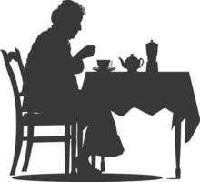 Silhouette elderly woman sitting at a table in the cafe vector