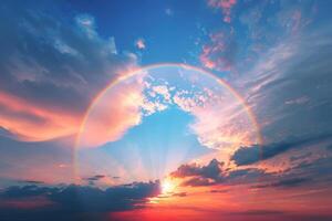 on theme of beautiful tranquil landscape with magical bright rainbow at cloudy sky photo