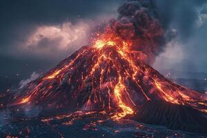 en tema de en erupción volcán con cascada caliente lava rodeado grueso blanco fumar foto