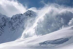 on theme of descent of an huge avalanche from the mountain, winter nature landscape photo