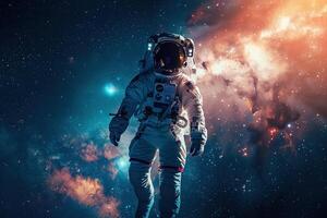 en tema de astronauta volador en cero gravedad en contra estrellado cielo en profundo oscuro espacio foto
