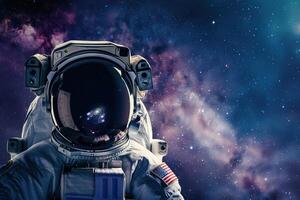 on theme of astronaut flying in zero gravity against starry sky in deep dark space photo