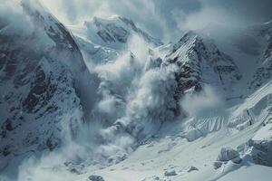 on theme of descent of an huge avalanche from the mountain, winter nature landscape photo