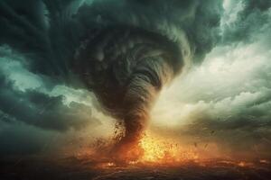 on theme of scary ominous huge hurricane tornado, apocalyptic dramatic background photo