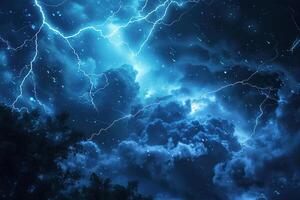 on theme of scary bright electric lightning bolt with branches in the night dark sky photo