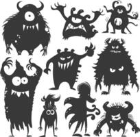 Silhouette funny monsters collection set black color only vector