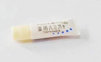 Tokyo, Japan on 1 Oct 2023. Isolated photo of one of the hotel amenities, a small toothpaste containing medicine.