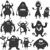 Silhouette funny monsters collection set black color only vector