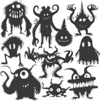 Silhouette funny monsters collection set black color only vector