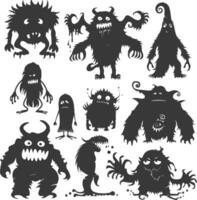 Silhouette funny monsters collection set black color only vector