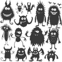 Silhouette funny monsters collection set black color only vector