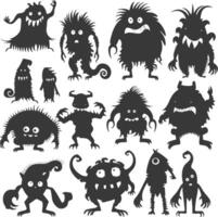 Silhouette funny monsters collection set black color only vector