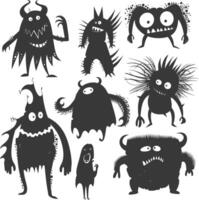 Silhouette funny monsters collection set black color only vector