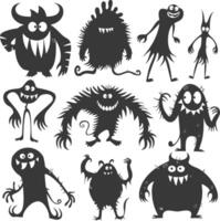 Silhouette funny monsters collection set black color only vector