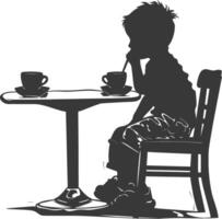 Silhouette little boy sitting at a table in the cafe black color only vector