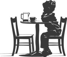 Silhouette little boy sitting at a table in the cafe black color only vector