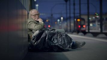 Elderly Homeless Man Suffering from Poverty Looking for Help at Train Station video