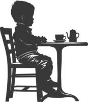 Silhouette little boy sitting at a table in the cafe black color only vector