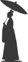 silueta independiente coreano mujer vistiendo hanbok con paraguas negro color solamente vector