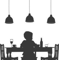 Silhouette little boy sitting at a table in the cafe black color only vector