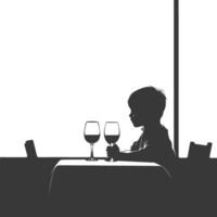 Silhouette little boy sitting at a table in the cafe black color only vector