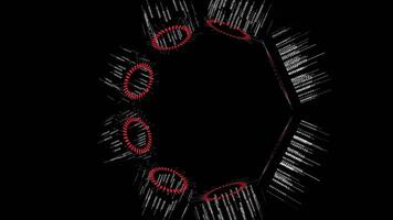 une visuellement captivant généré par ordinateur avec divers circulaire motifs et couleurs sur une noir arrière-plan, avec éléments tel comme rouge cercles, vert cercles, et Nombres ajoutée pour intrigue video