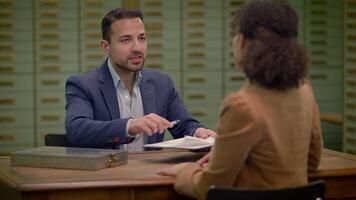 Businessman Meeting Businesswoman Discussing Protecting Secure Investment video