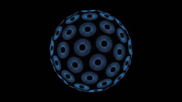 An electric blue sphere with spinning circles on macro photo in dark background video