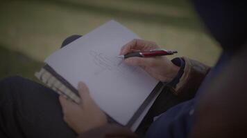jong creatief mannetje artiest tekening een schetsen buiten in de park video