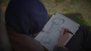 giovane creativo maschio artista disegno un' schizzo al di fuori nel il parco video
