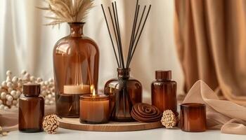 Luxury home decor diffuser rods, incense packaging, artisan ceramics in earth tones photo