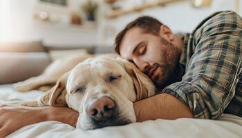 joven hombre y perro pacíficamente siesta juntos en un cómodo blanco cama a hogar foto