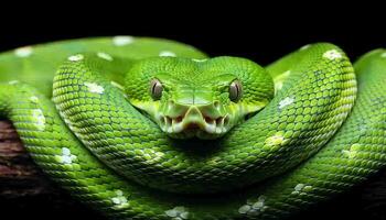 detallado cerca arriba de un vibrante Esmeralda verde serpiente entre denso follaje en el lozano selva foto