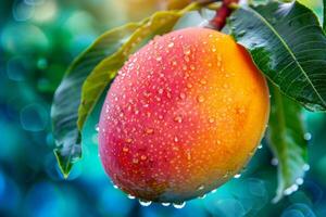 Macro close up of fresh mango fruit with dew drops hanging on tree, wide banner with copy space photo