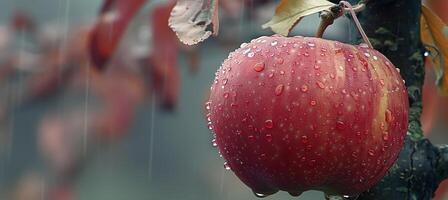 Macro close up fresh apple with dew, hanging on tree, wide banner with copy space photo
