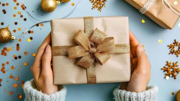 Elegant gift box held by woman s hands on blue background with confetti for festive occasions photo