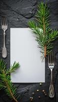 Luxurious fine dining table setting with elegant menu card mockup for weddings and romantic events photo