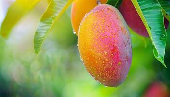 Close up of ripe mango with dew drops hanging on tree, ideal for banner with text space photo