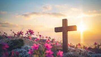 Resurrection symbol empty tomb with cross on meadow at sunrise, representing good friday concept photo