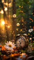 Transition from summer to fall alarm clock in nature setting with flowers and autumn leaves photo