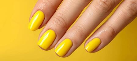 de cerca de elegante mujer s mano presentando vibrante amarillo uña polaco en las uñas foto