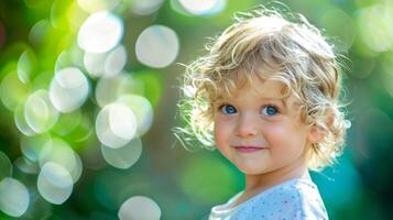 alegre niño con Rizado pelo sonriente a cámara, cautivador con adorable expresión foto