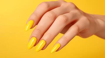 Close up of elegant woman s hand adorned with vibrant yellow nail polish for a glamorous look photo